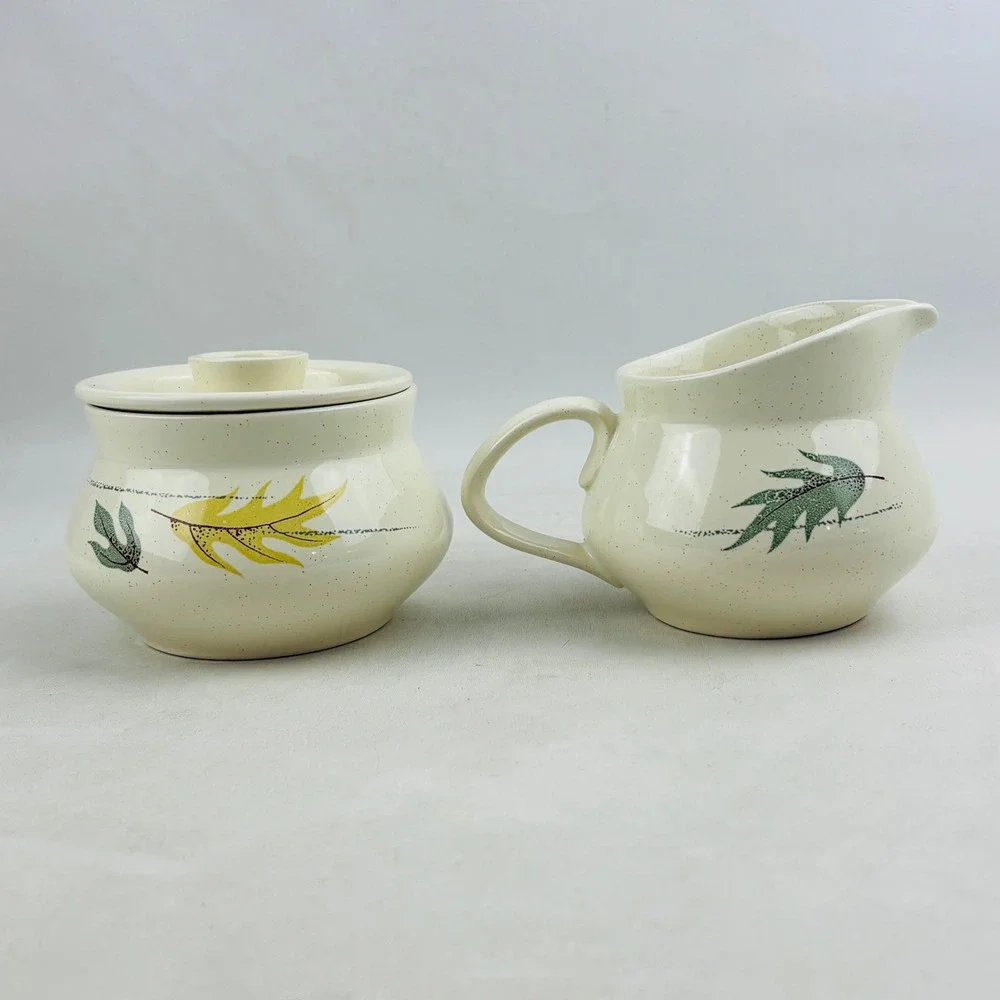 Franciscan Autumn Sugar Creamer Set Speckled‎ Leaves Bowl Lid MCM Vintage